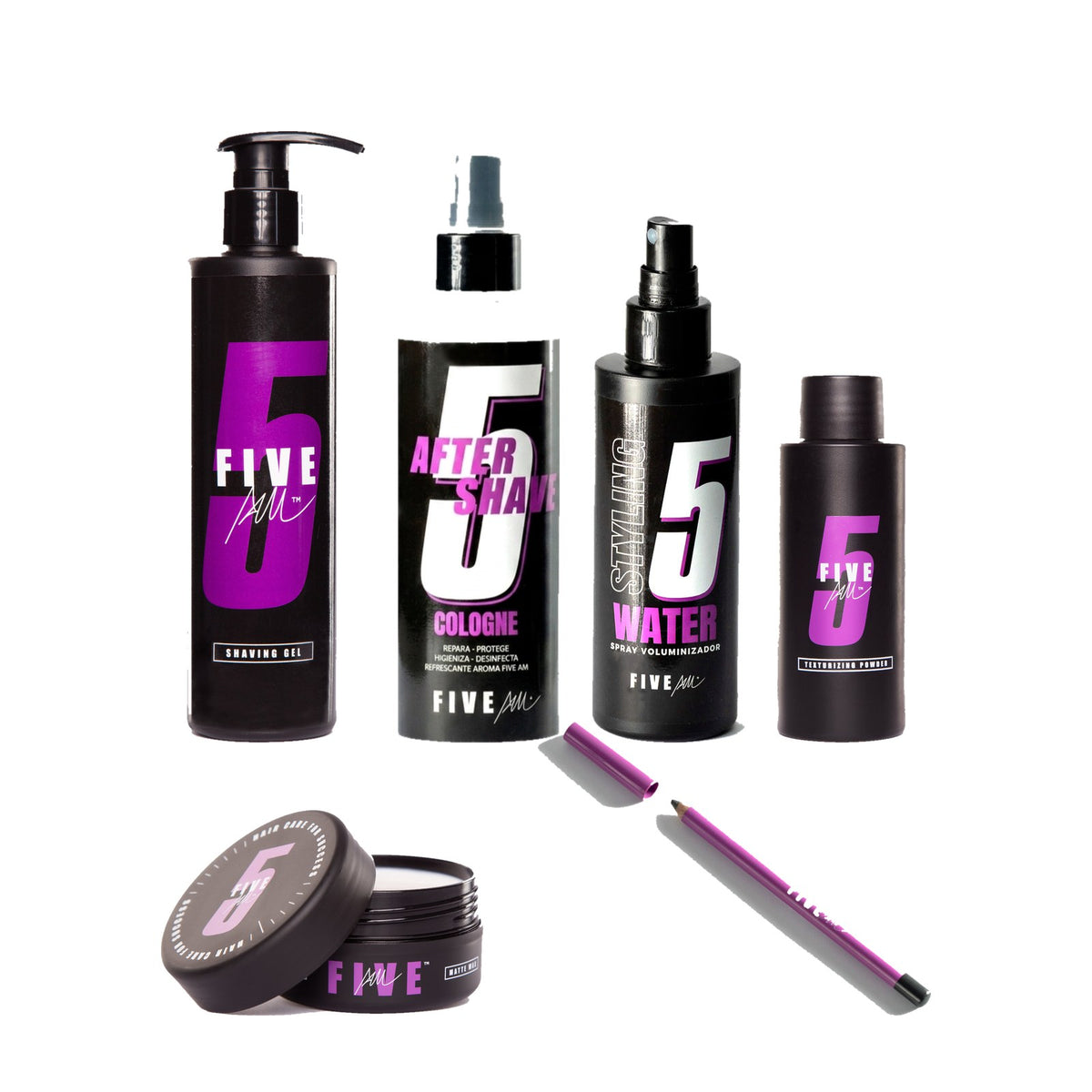 Set Completo FIVE AM: Shaving Gel, After Shave, Styling Water, Texturizing Powder, Matte Wax y Precision Pencil negro